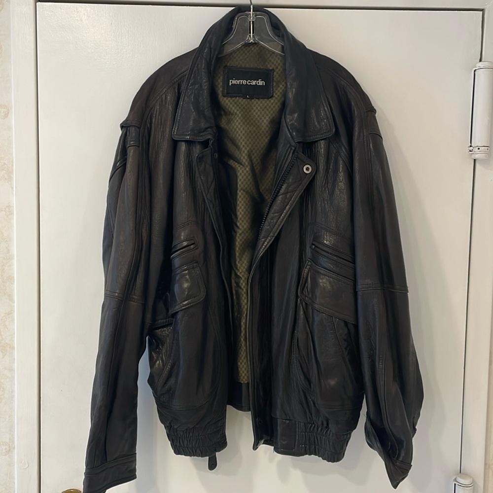 Pierre Cardin mens dark brown leather bomber jacket size large
